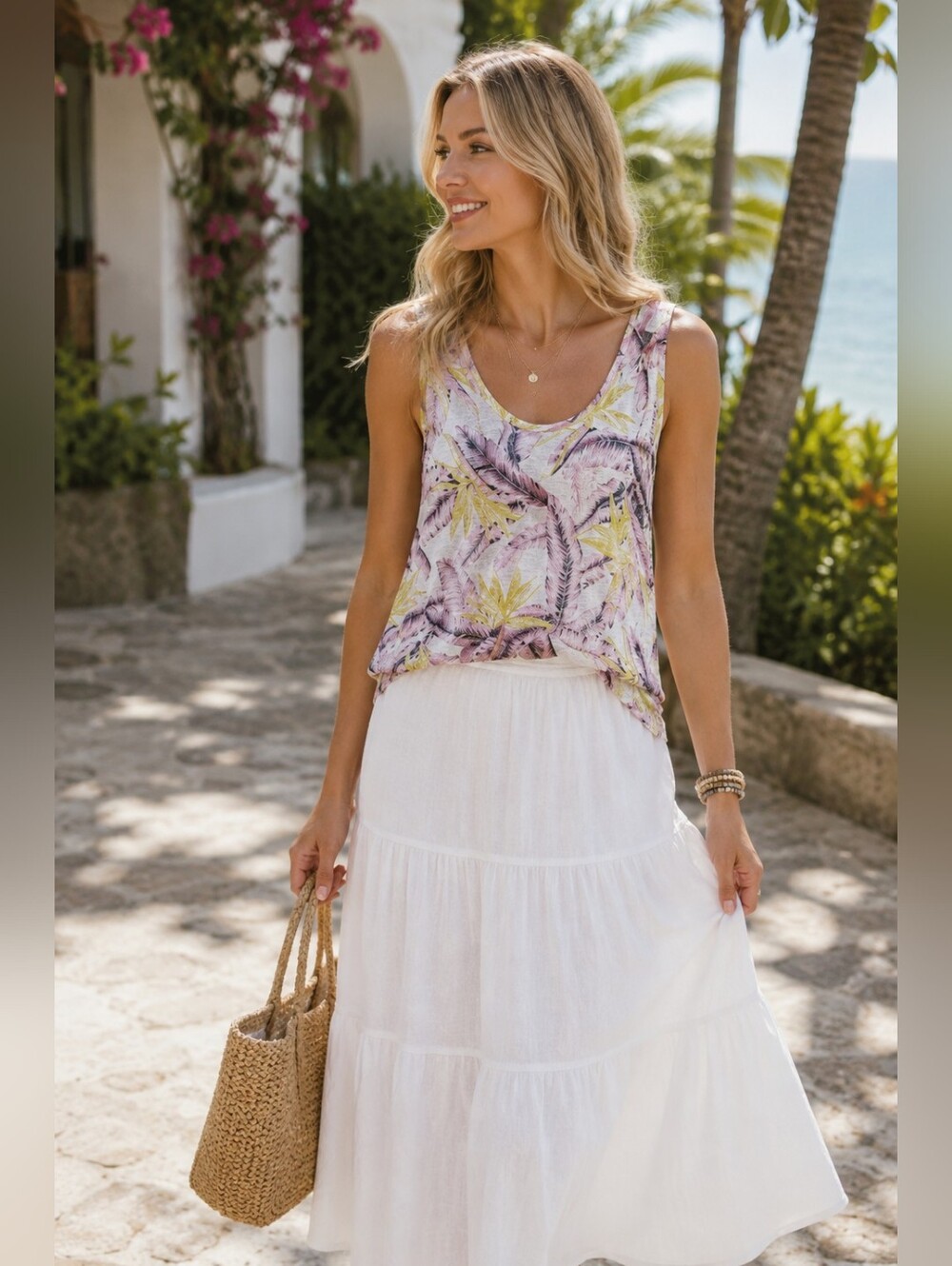 Ann Taylor LOFT Leaf Print Scoop Neck Linen Tank Top Tropical Summer Women's S